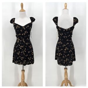 Reformation Sunset Dress Black Floral Limoncello Cap Sleeve Button Front Mini- 0